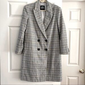Zara Double Breasted Long Line Coat Women M Wool Plaid Gray Black Color